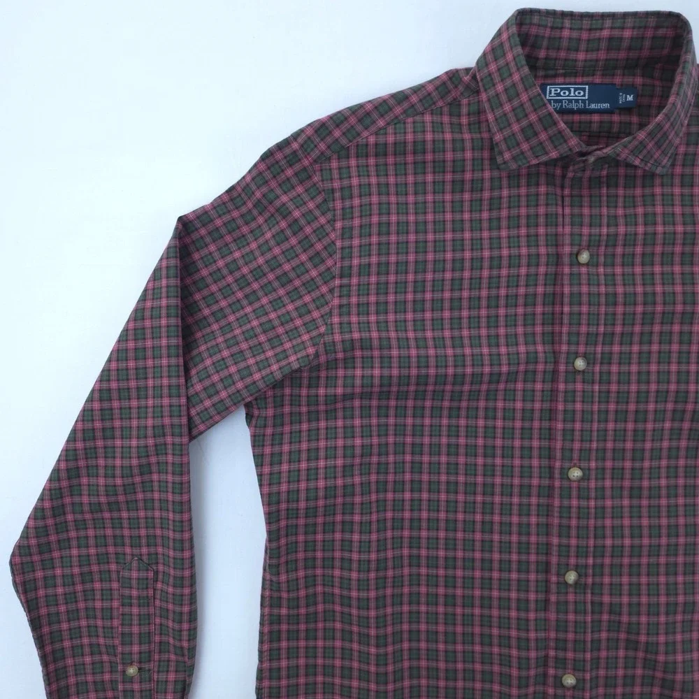 Polo Ralph Lauren Mens Button Down Shirt M Burgundy Green Plaid Long‎ Sleeve
